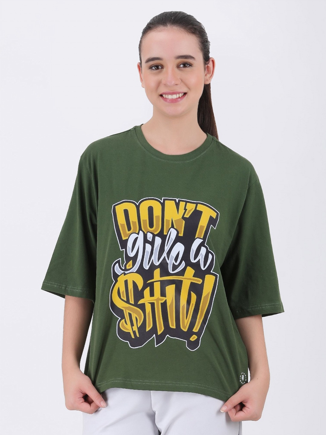 

M7 EMPIRE Women Typography Printed Round Neck Cotton Oversized T-Shirt, Olive