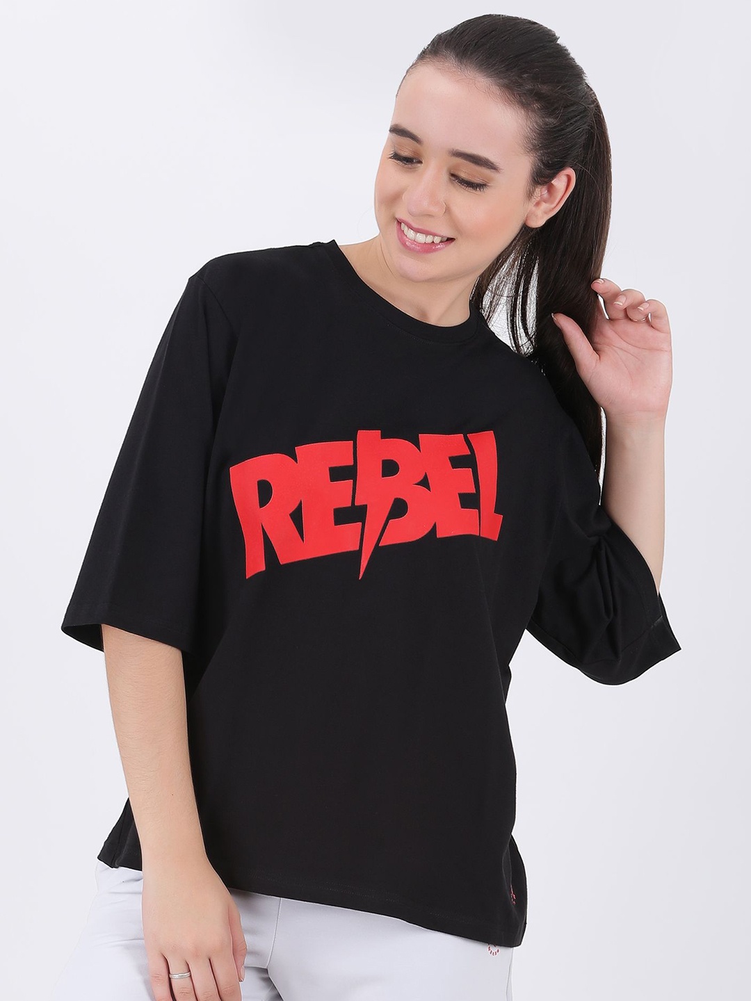 

M7 EMPIRE Women Typography Printed Round Neck Cotton Oversized T-Shirt, Black
