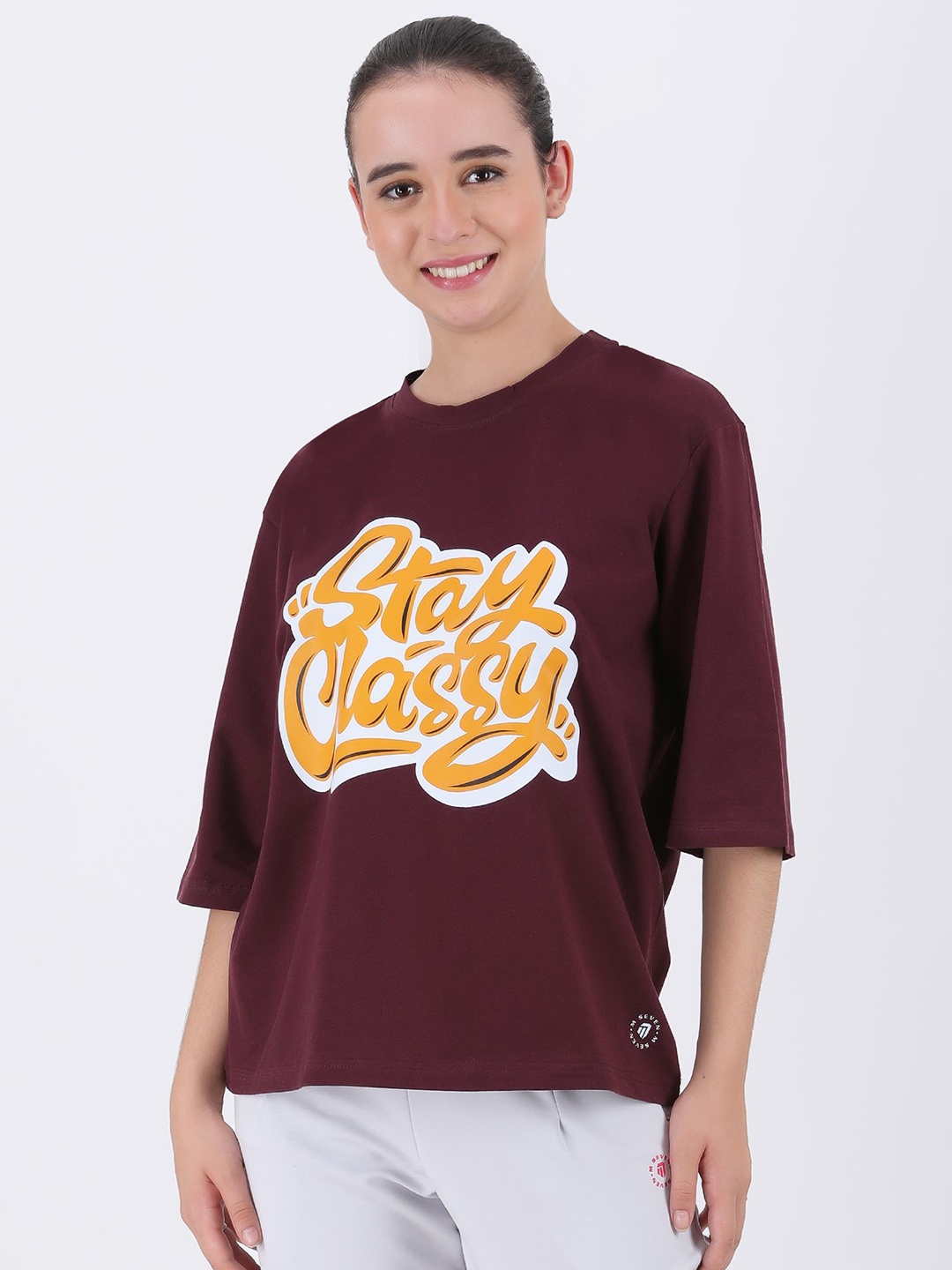 

M7 EMPIRE Women Graphic Printed Round Neck Cotton Oversized T-Shirt, Maroon