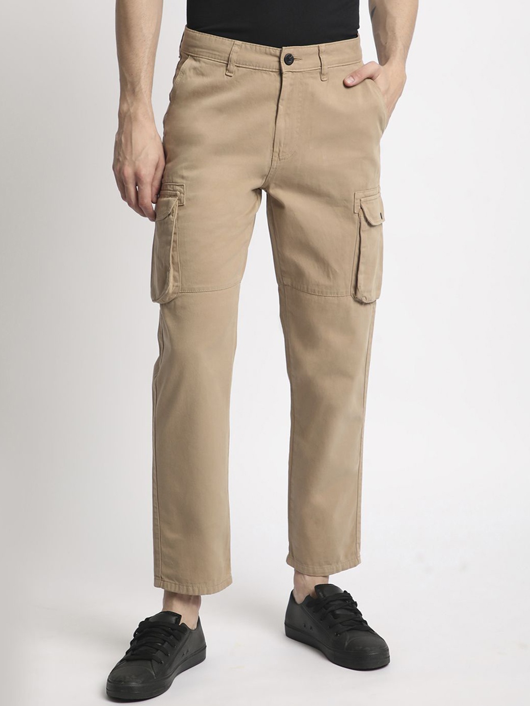 

IVOC Men Mid Rise Pure Cotton Cargo Trousers, Beige