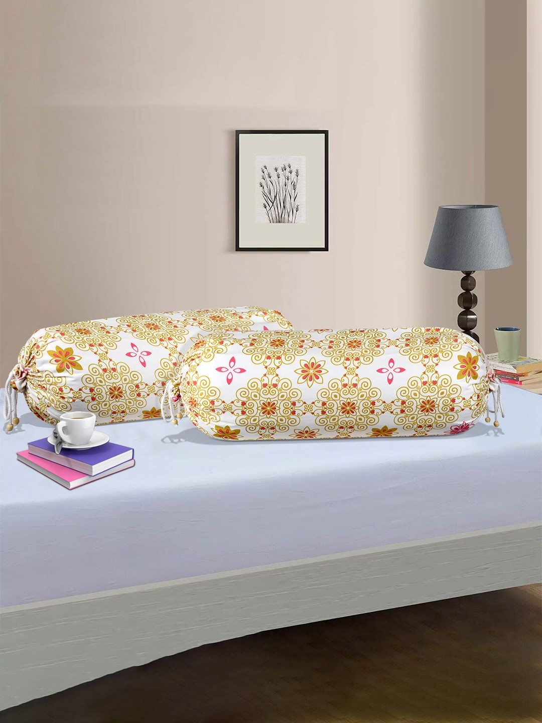 

Kuber Industries White & Yellow 2 Pieces Printed Cotton Bolster Covers