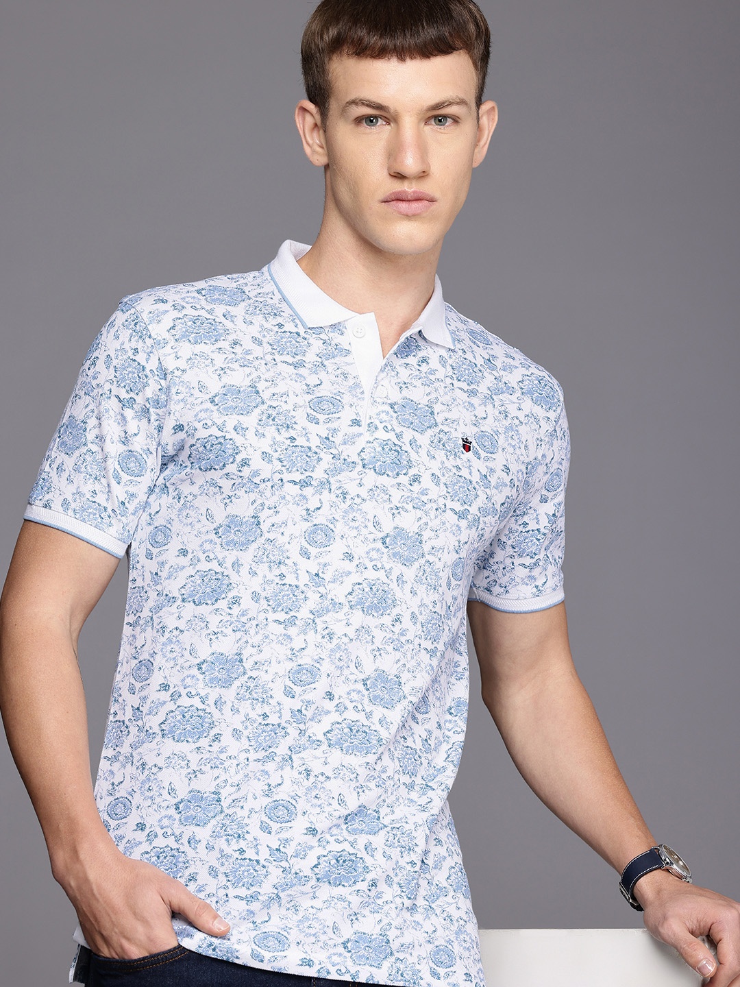 

Louis Philippe Jeans Floral Printed Polo Collar Pure Cotton Slim Fit T-shirt, White