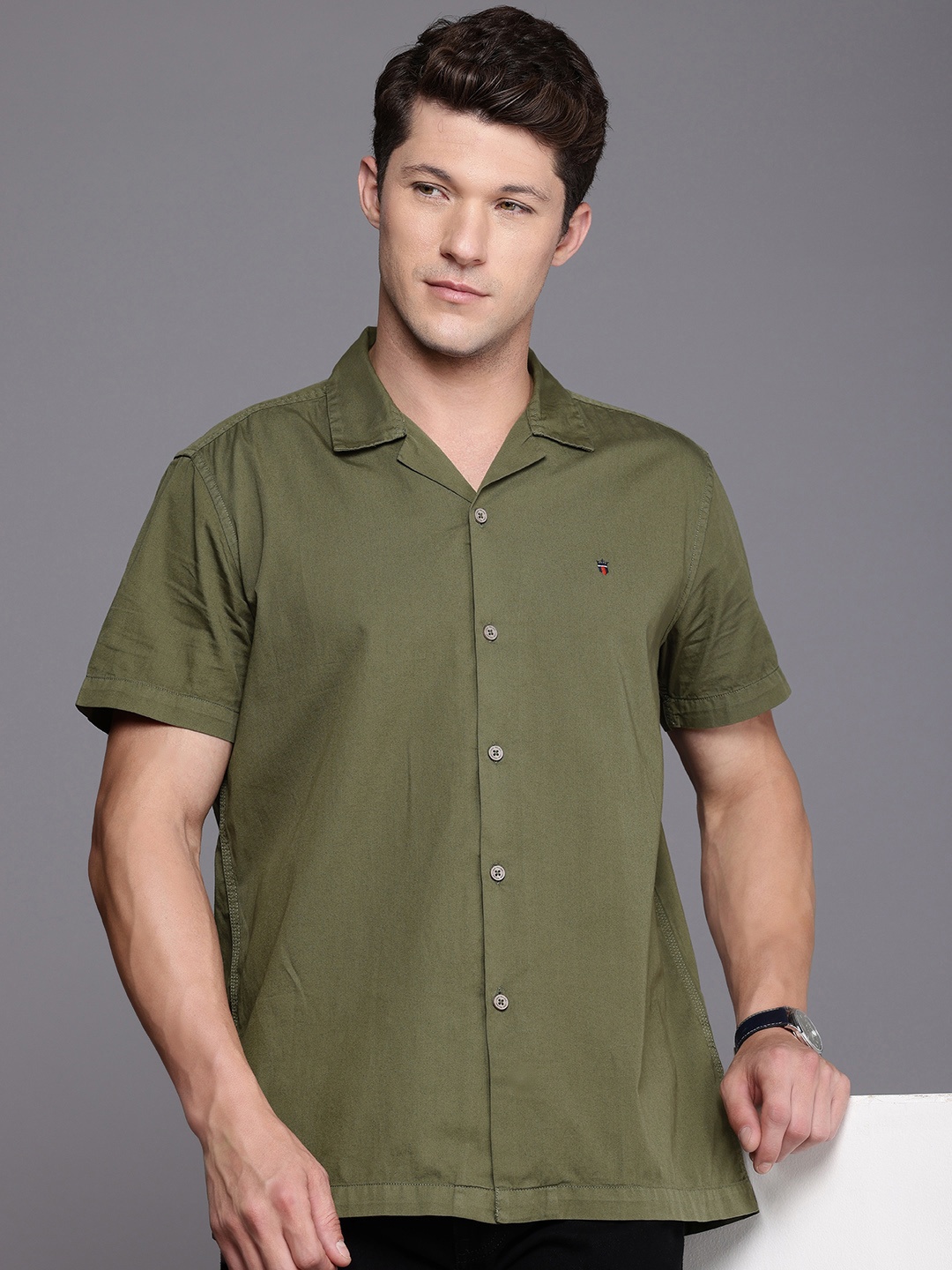 

Louis Philippe Jeans Slim Fit Cuban Collar Pure Cotton Casual Shirt, Olive