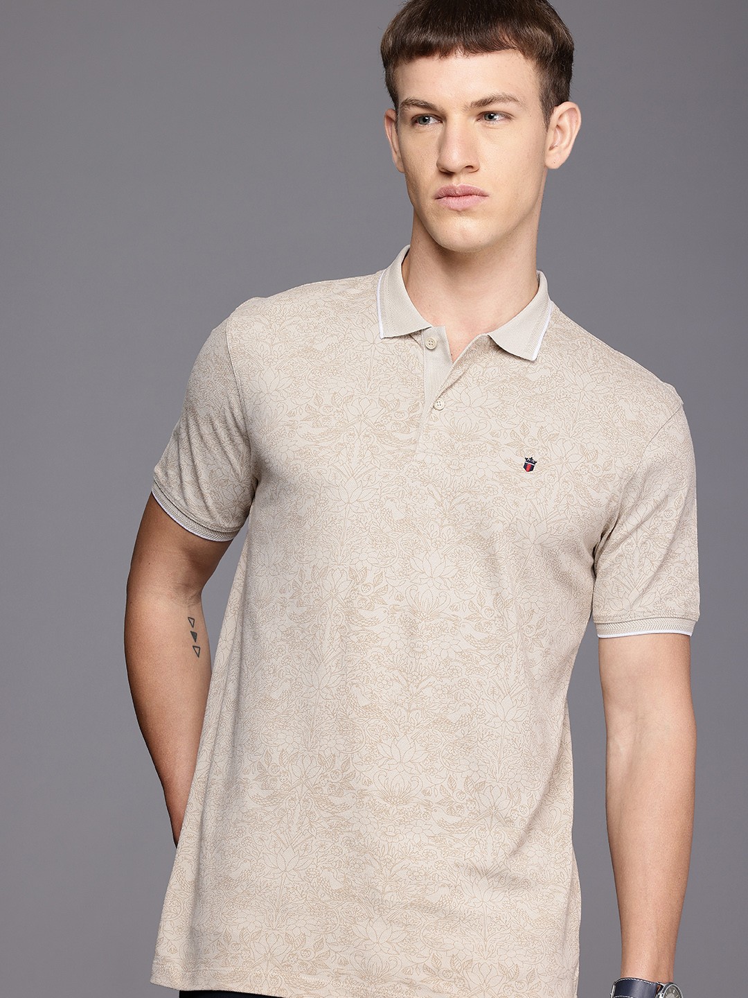 

Louis Philippe Jeans Floral Printed Polo Collar Pure Cotton Slim Fit T-shirt, Beige