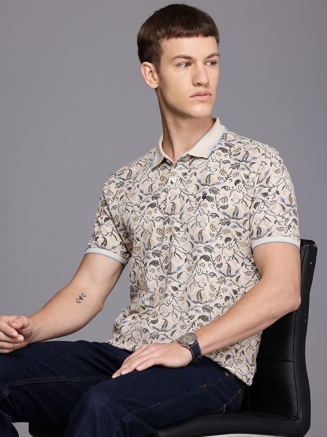 

Louis Philippe Jeans Floral Printed Polo Collar Pure Cotton Slim Fit T-shirt, Beige