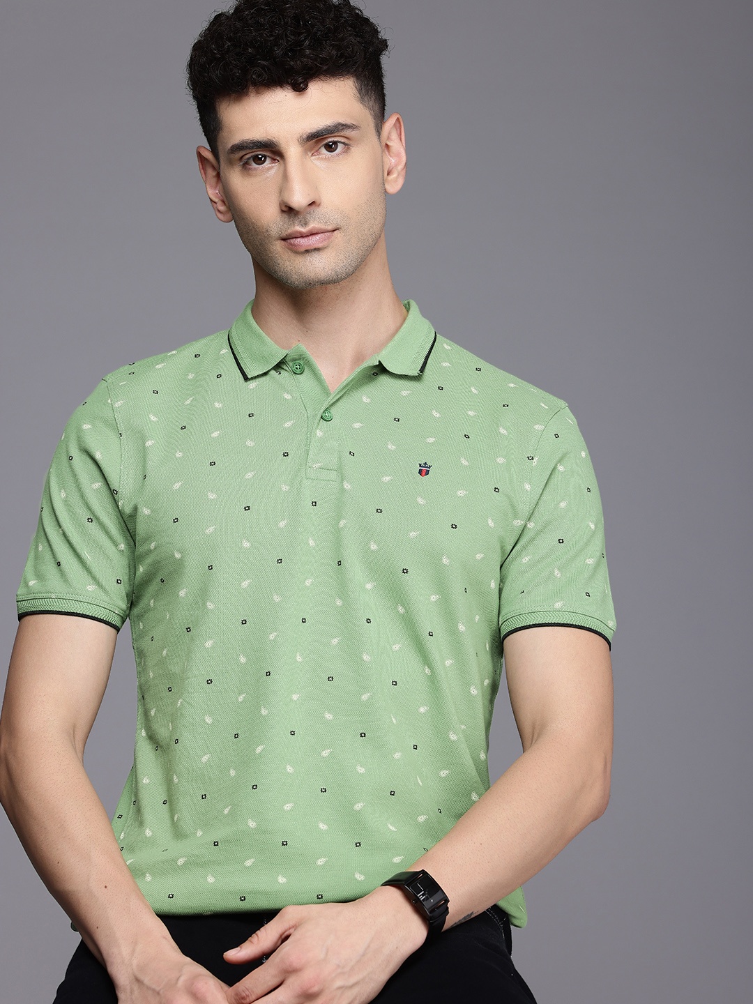 

Louis Philippe Jeans Ethnic Motifs Printed Polo Collar Pure Cotton Slim Fit T-shirt, Green