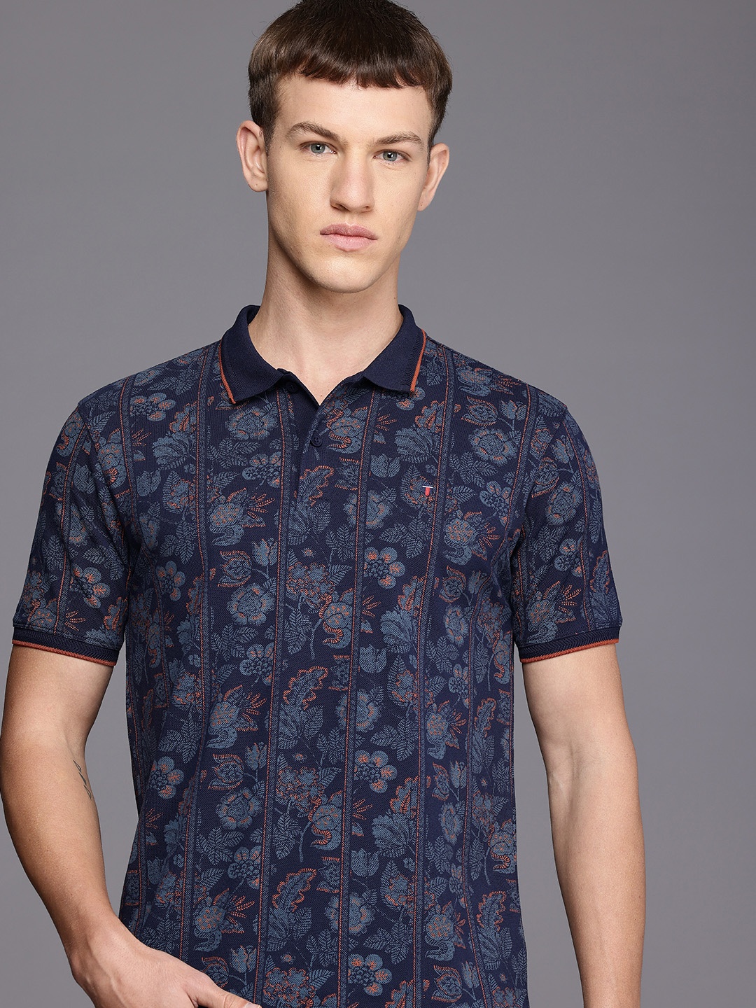 

Louis Philippe Jeans Floral Printed Polo Collar Pure Cotton Slim Fit T-shirt, Navy blue