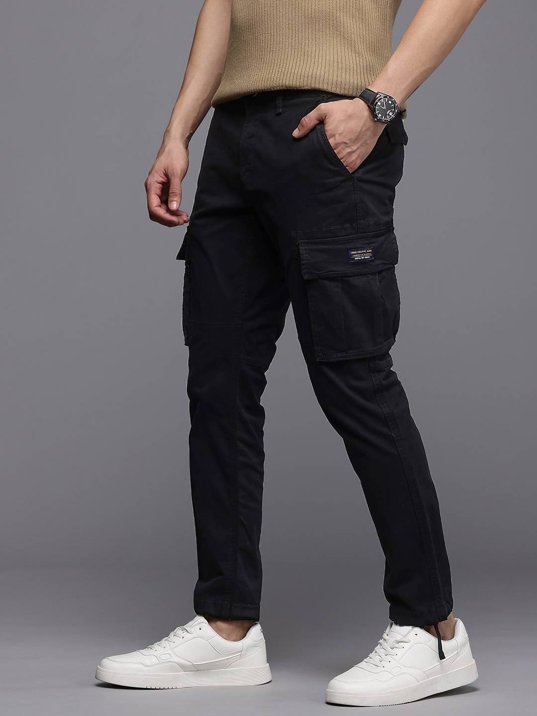 

Louis Philippe Jeans Men Tapered Fit Cargo Trousers, Black