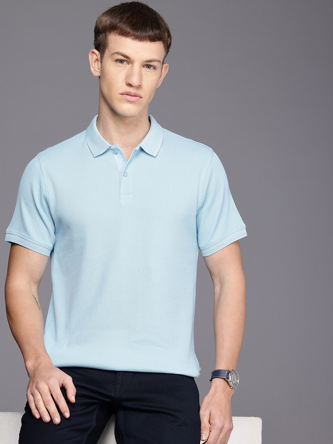 

Louis Philippe Jeans Self Design Polo Collar Slim Fit T-shirt, Blue