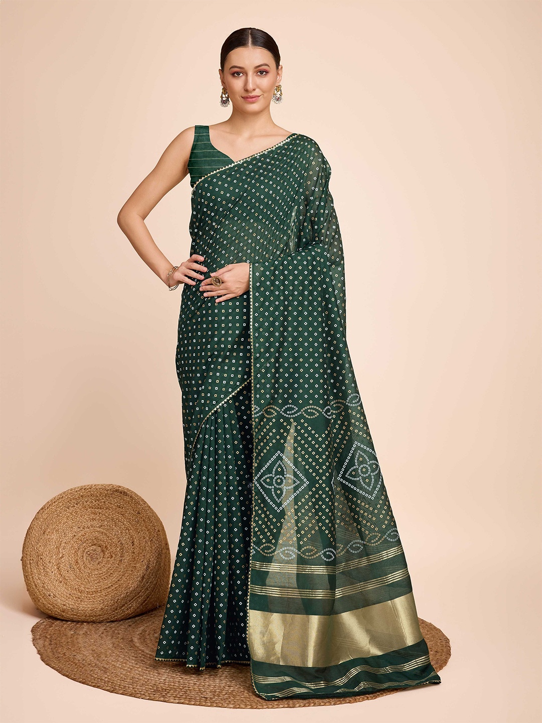 

Mitera Gota Patti Border Bandhni Print Saree with Blouse, Green