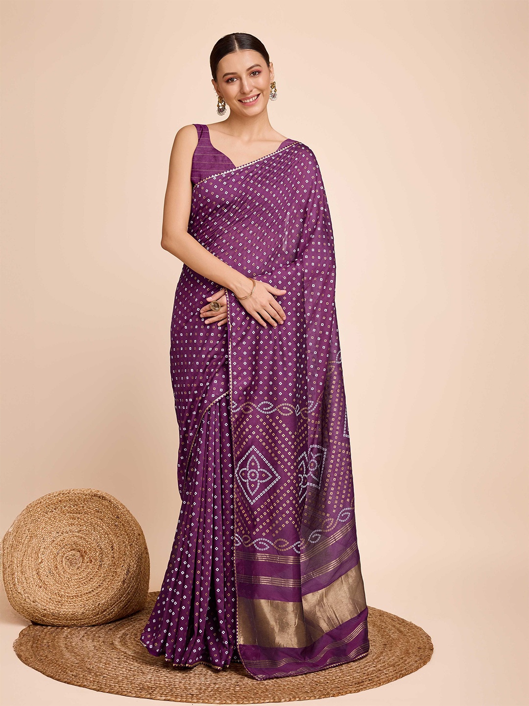 

Mitera Gota Patti Border Bandhni Print Saree with Blouse, Purple