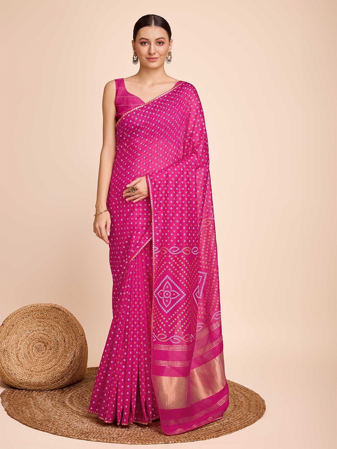 

Mitera Gota Patti Border Bandhni Print Saree with Blouse, Pink