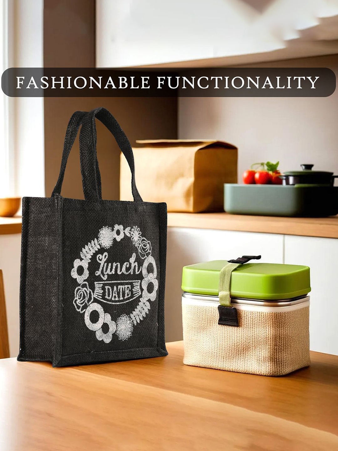 

Kuber Industries Set of 4 Other Prints Lunch bags Travel Accessory, Black
