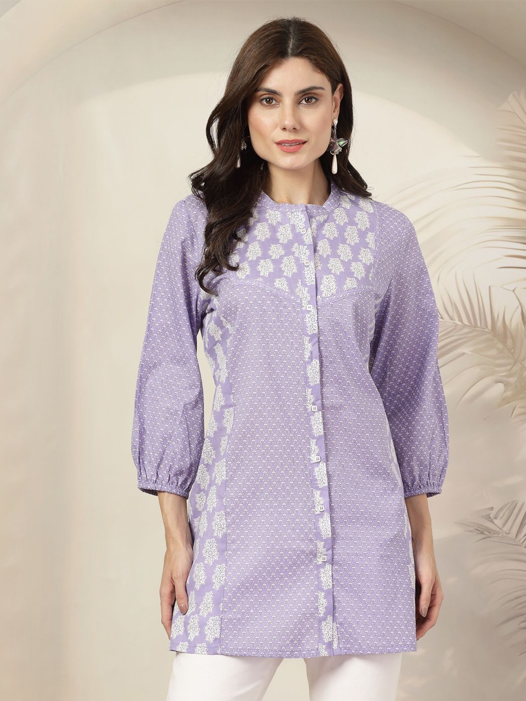 

Nayam By Lakshita Women Printed Three-Quarter Sleeves Mandarin Collar Tunic, Purple