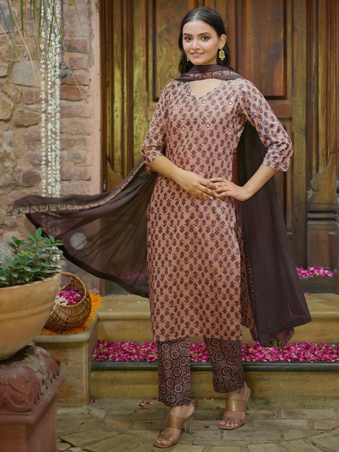 

Libas Floral Printed Pure Cotton Kurta with Trousers & Dupatta, Brown