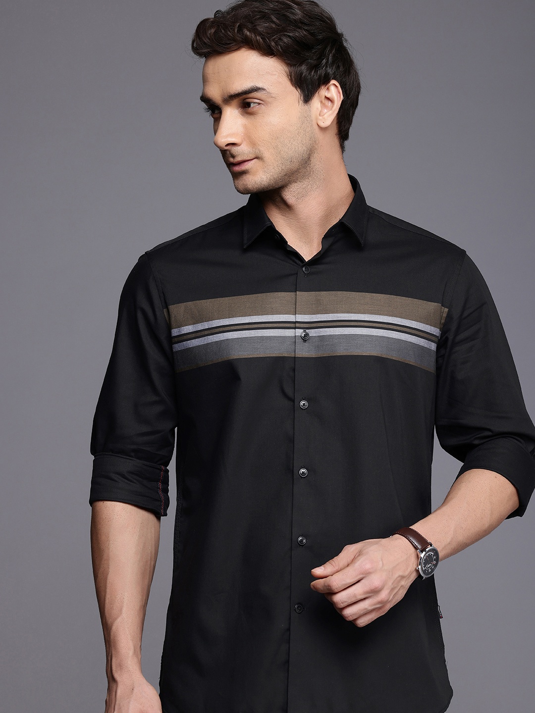 

Louis Philippe Sport Slim Fit Horizontal Stripes Pure Cotton Casual Shirt, Black