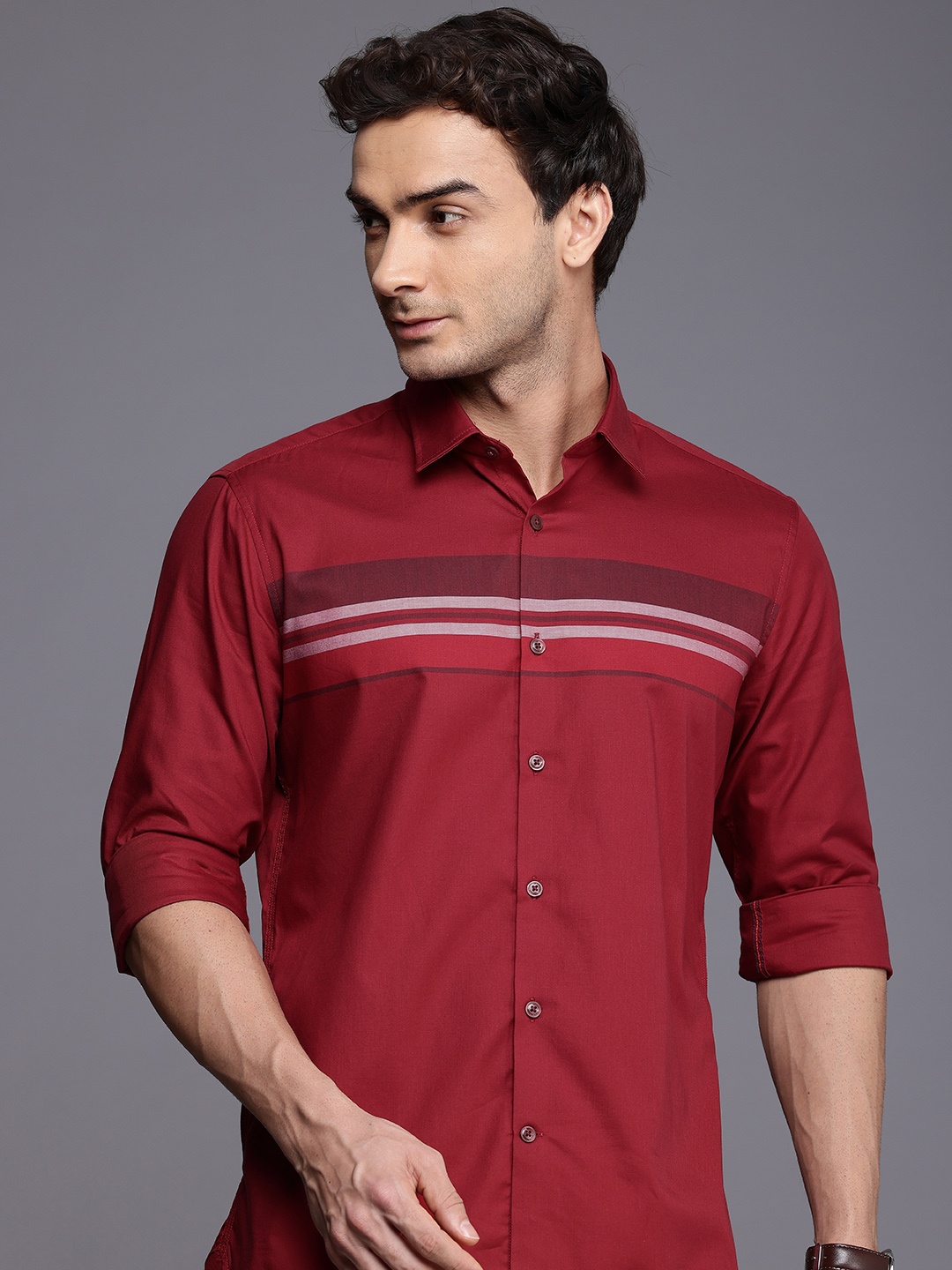 

Louis Philippe Sport Slim Fit Horizontal Stripes Pure Cotton Casual Shirt, Maroon