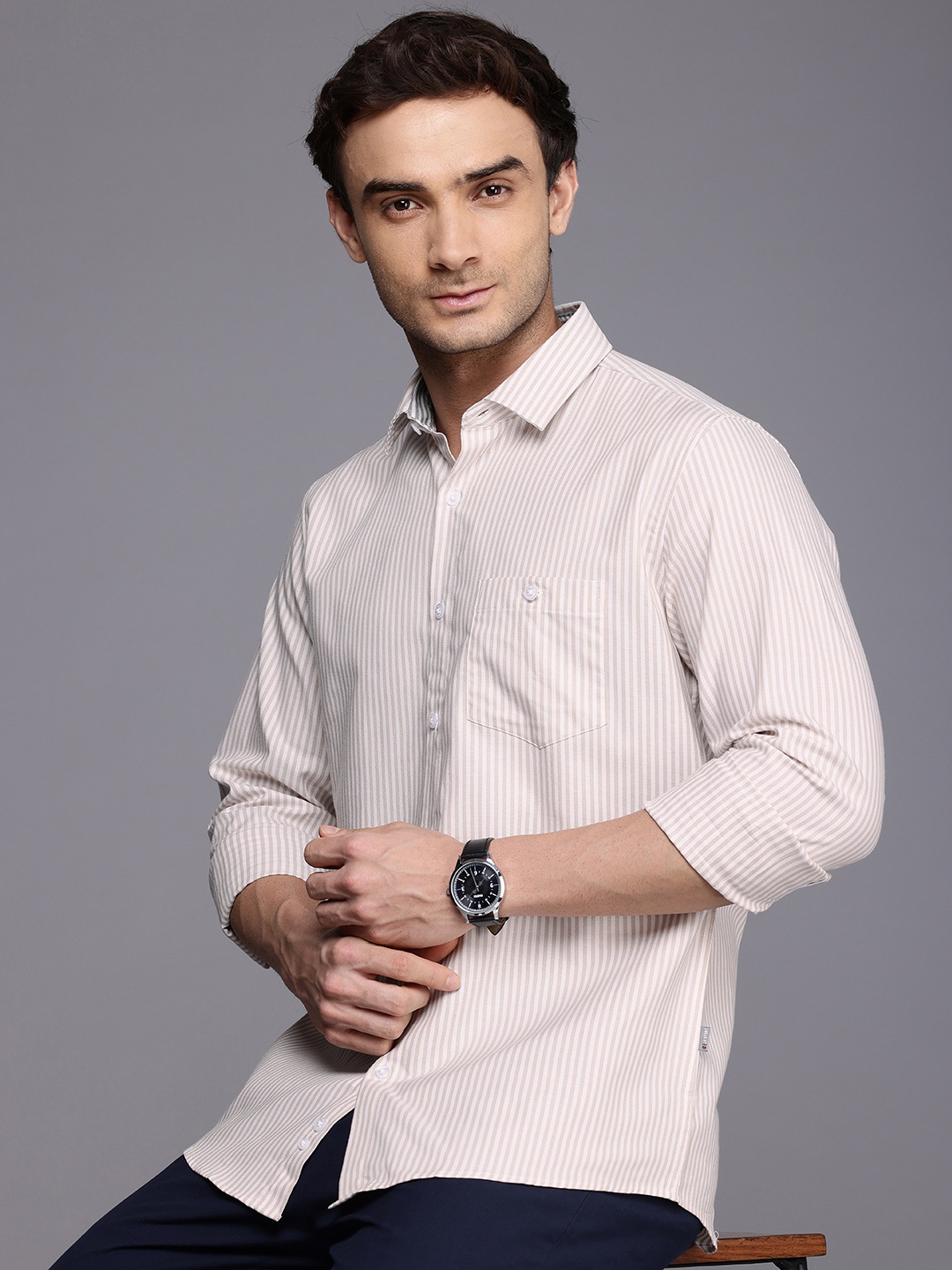 

Louis Philippe Sport Slim Fit Self Striped Pure Cotton Casual Shirt, Beige