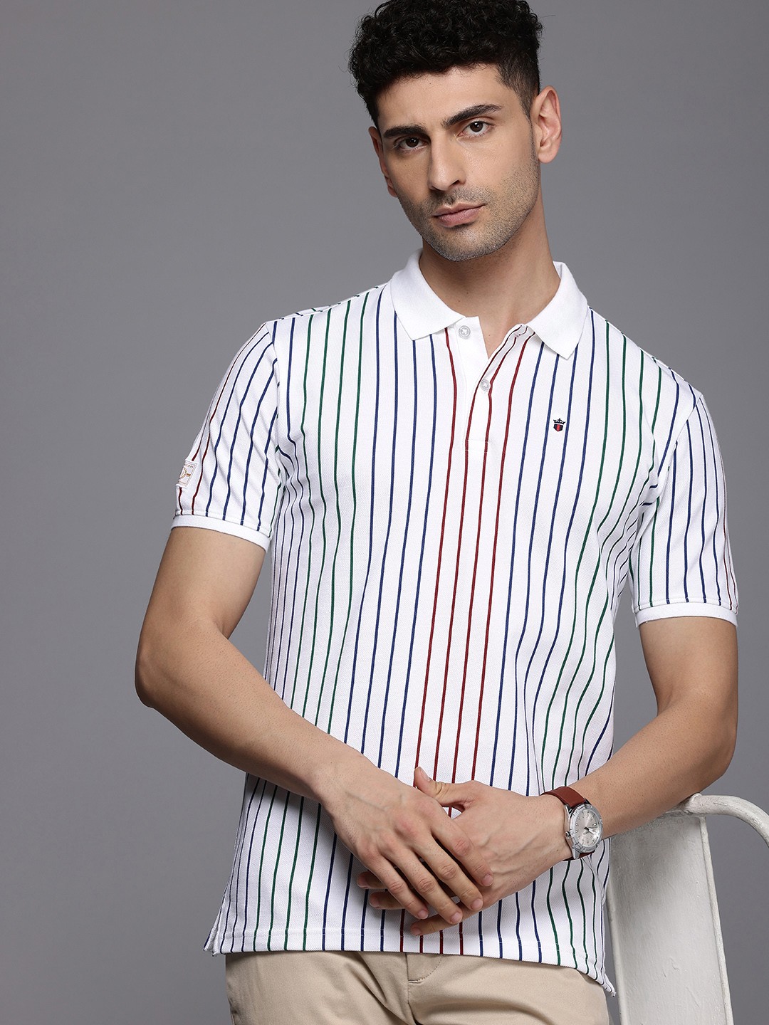 

Louis Philippe Sport Striped Polo Collar Pure Cotton Slim Fit T-shirt, White