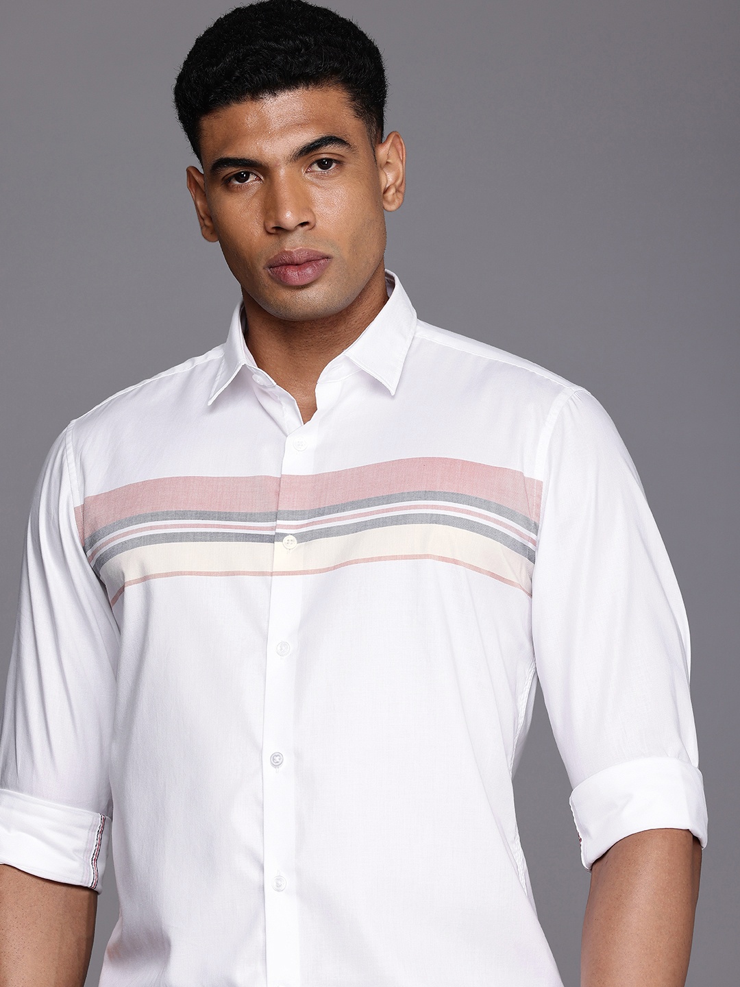 

Louis Philippe Sport Pure Cotton Slim Fit Horizontal Striped Casual Shirt, White