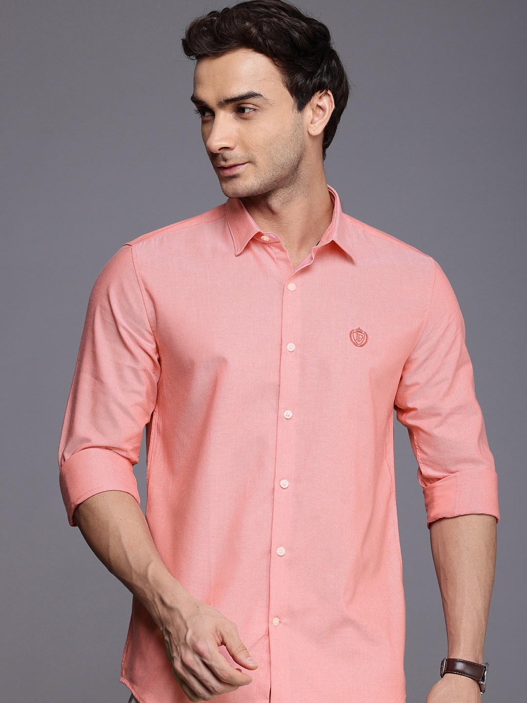 

Louis Philippe Sport Super Slim Fit Textured Self Design Pure Cotton Casual Shirt, Orange