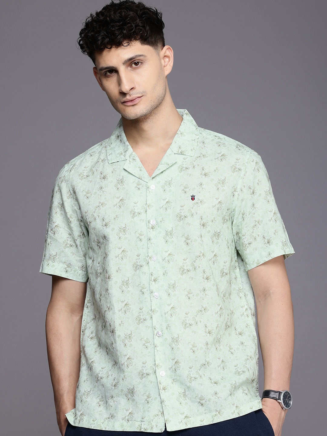 

Louis Philippe Sport Slim Fit Floral Printed Cuban Collar Casual Shirt, Green