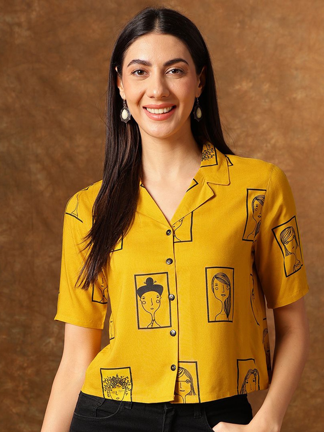 

Anouk Women Solid Printed Shirt Collar Top, Mustard