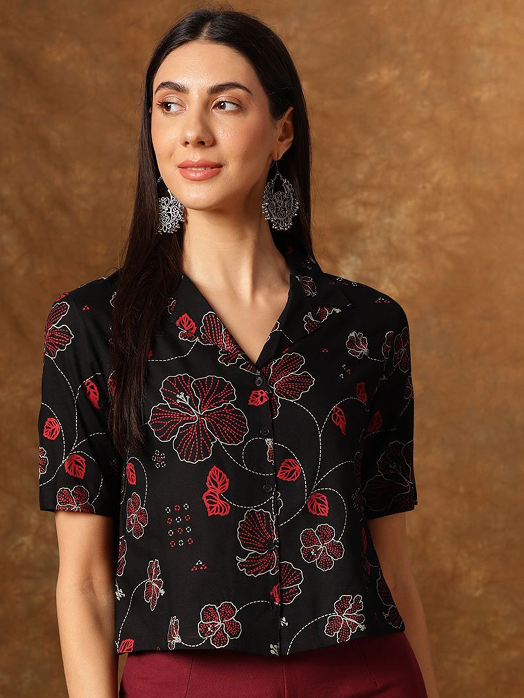 

Anouk Women Floral Printed Shirt Collar Top, Black