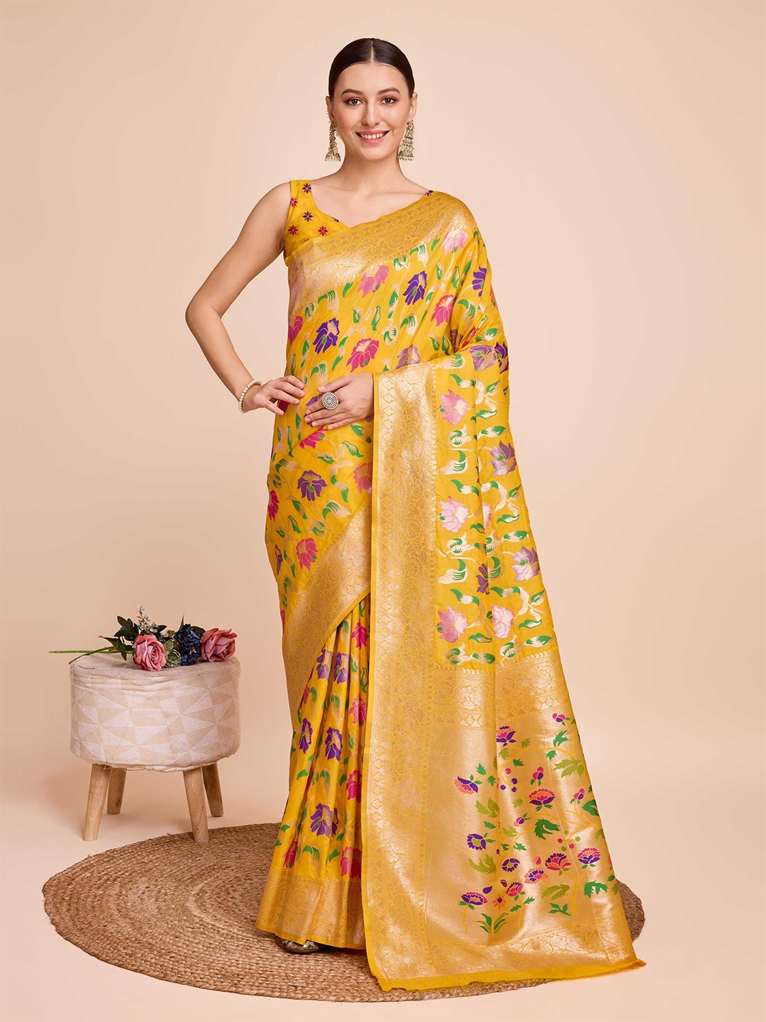 

Mitera Ethnic Motif Zari Woven Paithani Saree with Blouse, Yellow