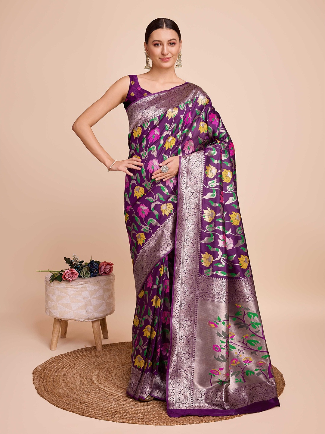 

Mitera Ethnic Motif Zari Woven Paithani Saree with Blouse, Purple