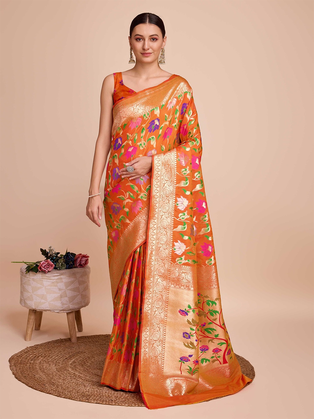 

Mitera Ethnic Motif Zari Woven Paithani Saree with Blouse, Orange