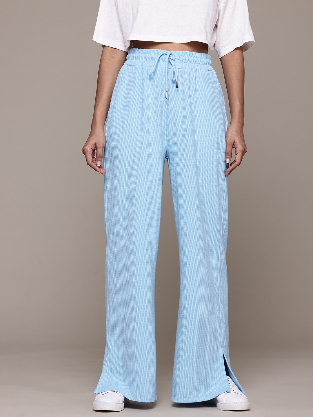 

The Roadster Lifestyle Co. Women Textured Slit-Detail Trousers, Blue
