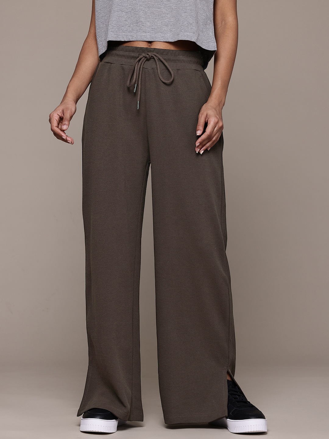 

The Roadster Lifestyle Co. Women Textured Slit-Detail Trousers, Brown