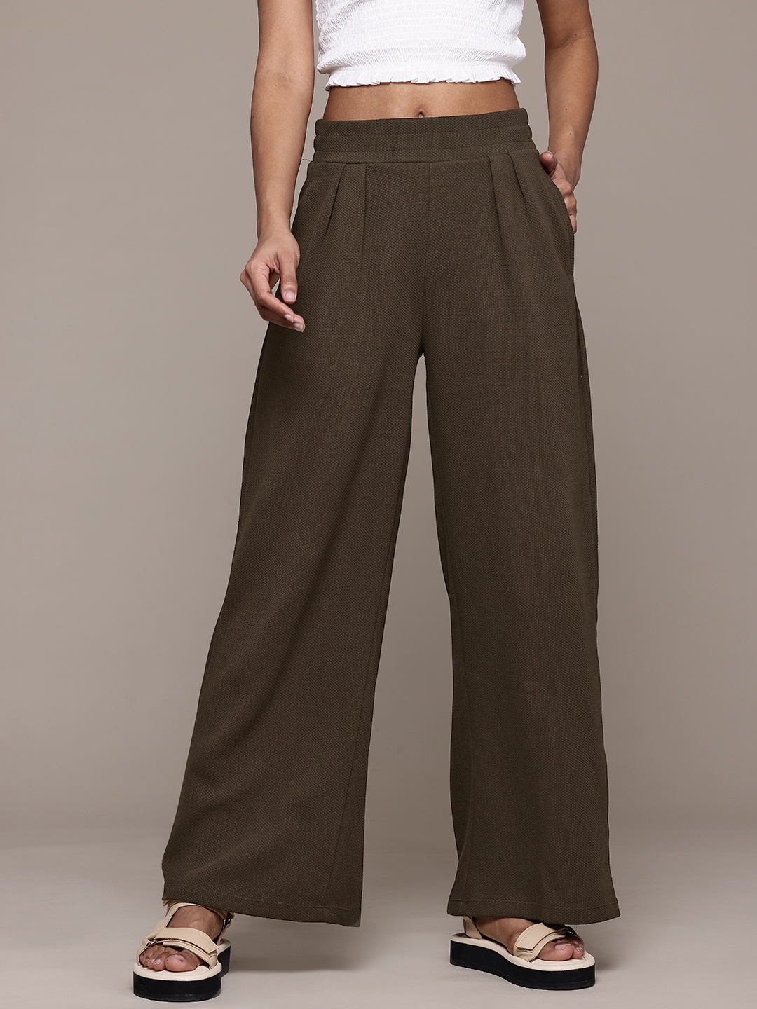 

The Roadster Lifestyle Co. Women Textured Pleated Pull-Up Korean Pants, Coffee brown