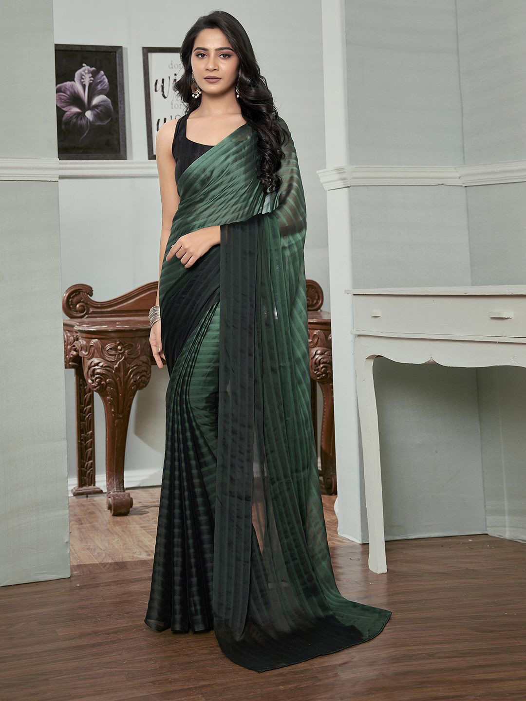

Mitera Striped Pure Georgette Ready to Wear Saree With Blouse, Green