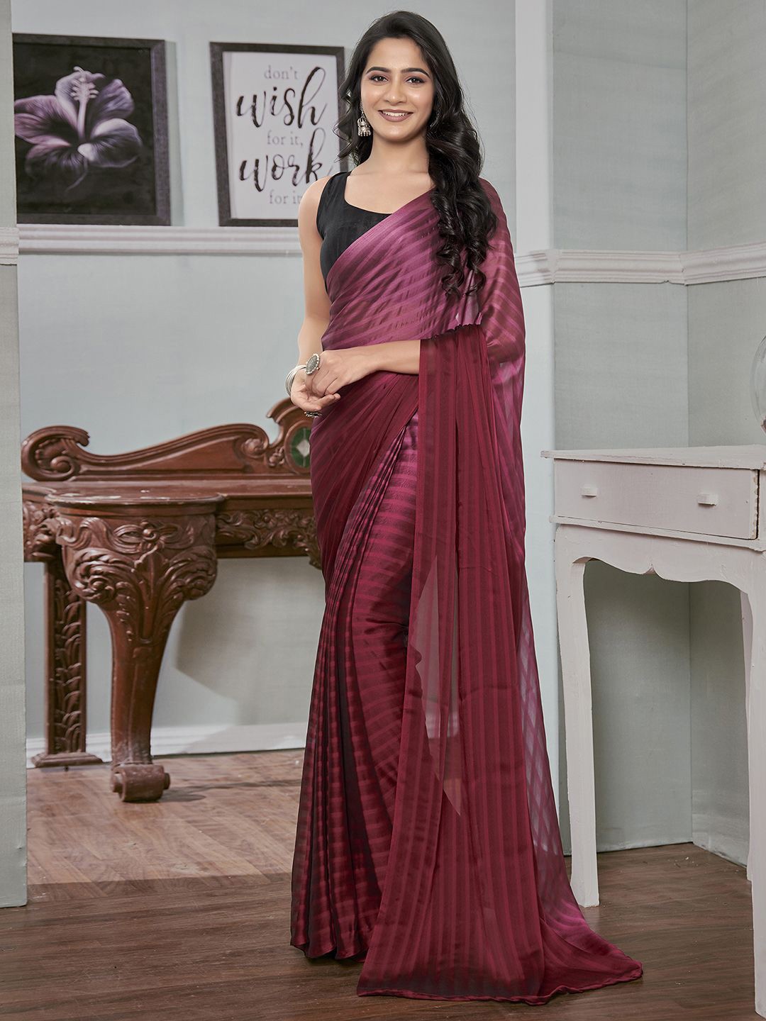 

Mitera Striped Pure Georgette Ready to Wear Saree, Pink