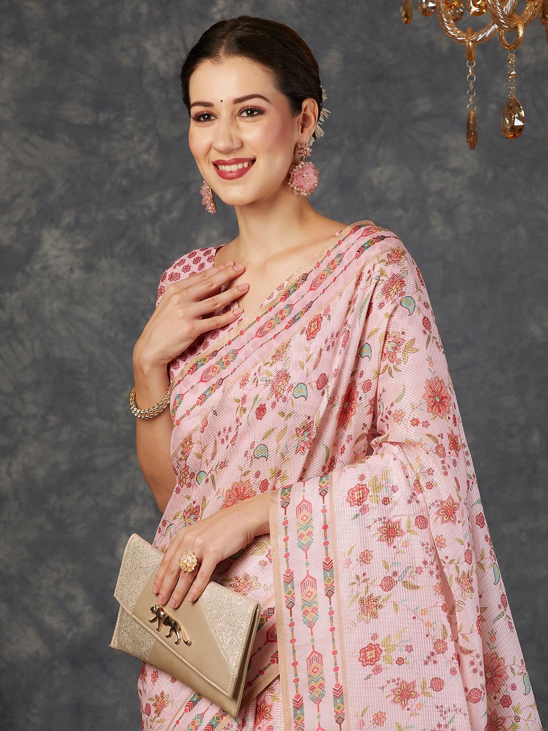 

Mitera Ethnic Motif Tassel Detail Saree with Blouse, Peach