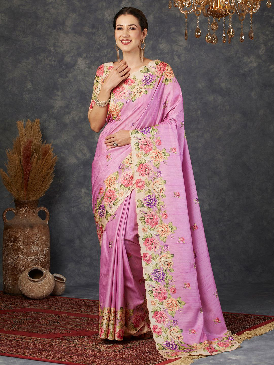

Mitera Floral Printed Saree With Blouse, Pink