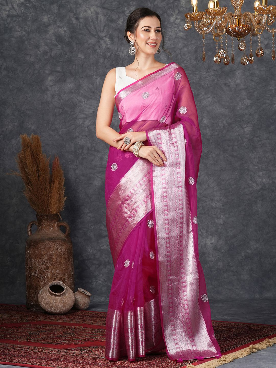

Mitera Zari Woven Sequinned Saree With Blouse, Silver