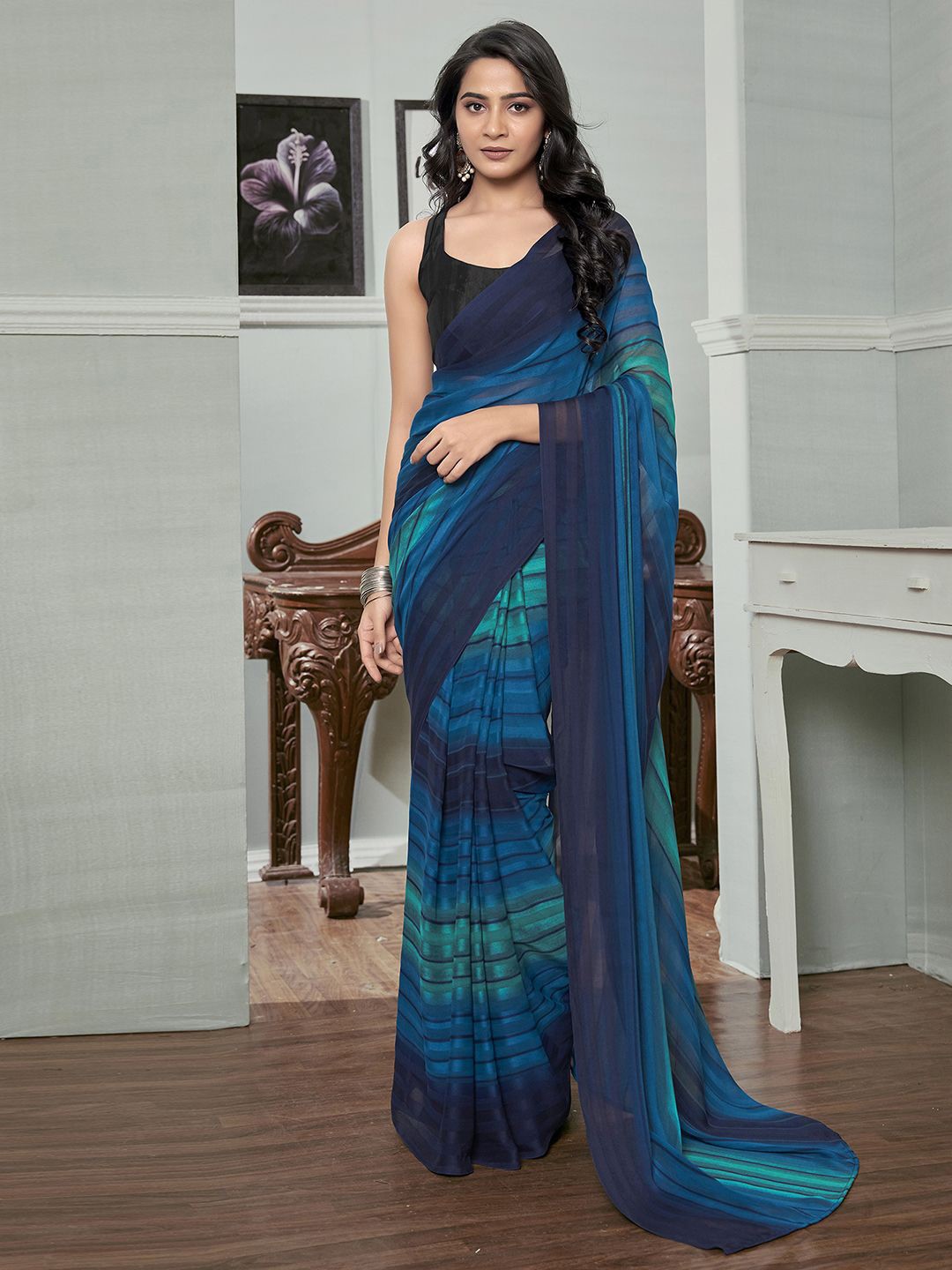 

Mitera Striped Pure Georgette Ready to Wear Saree, Blue