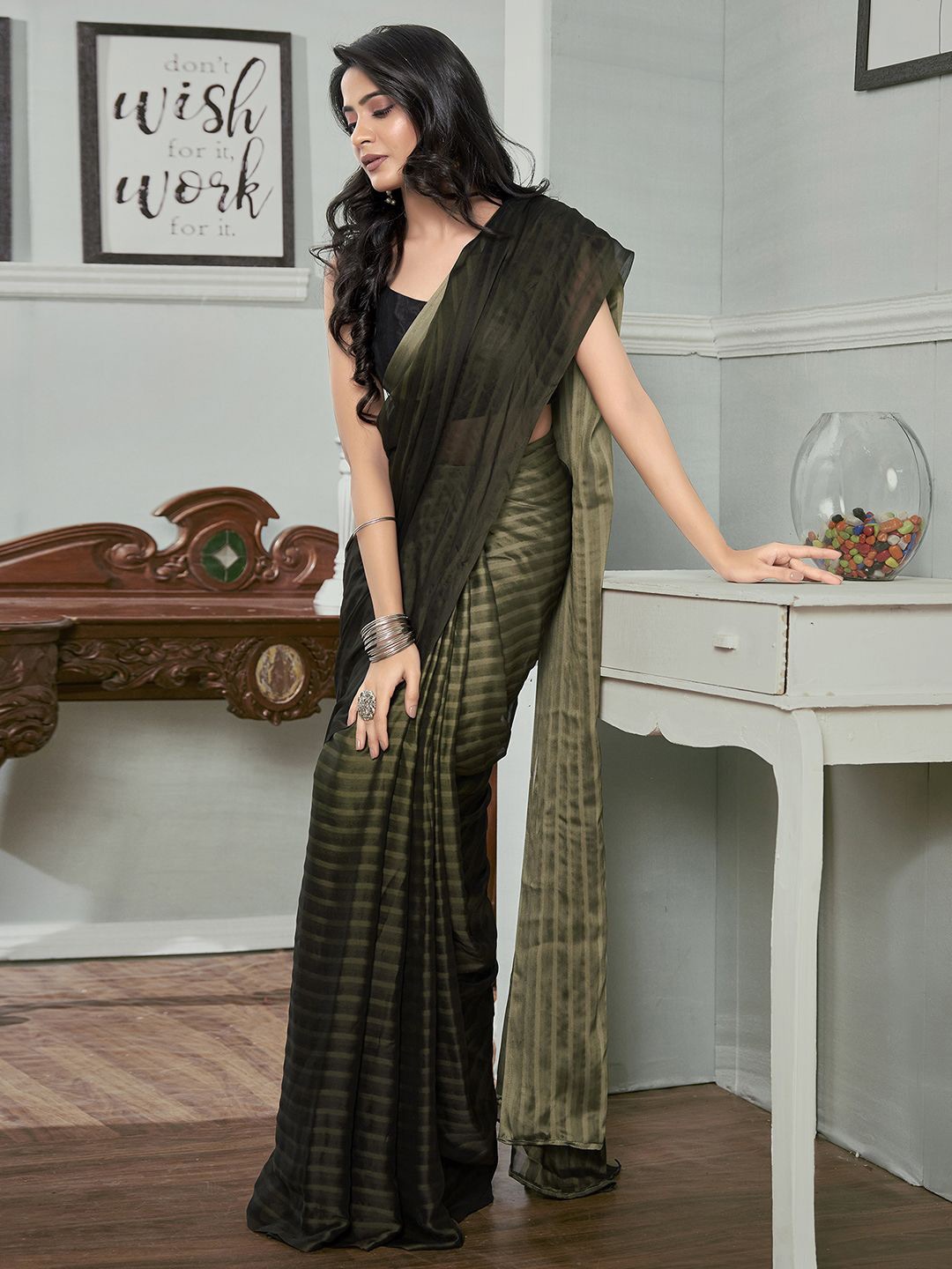 

Mitera Striped Pure Georgette Ready to Wear Saree, Green