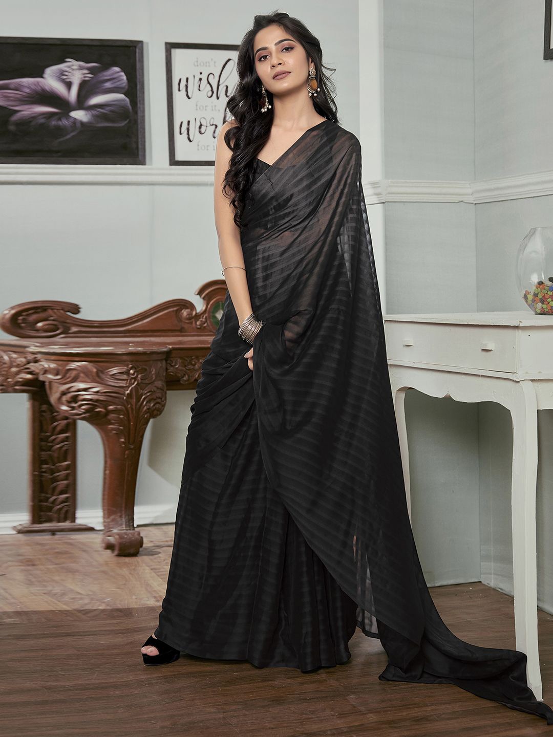 

Mitera Striped Pure Georgette Ready to Wear Saree, Grey