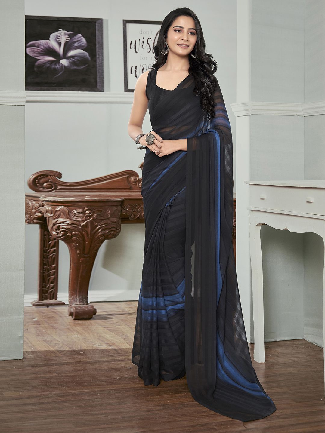 

Mitera Striped Pure Georgette Ready to Wear Saree, Blue