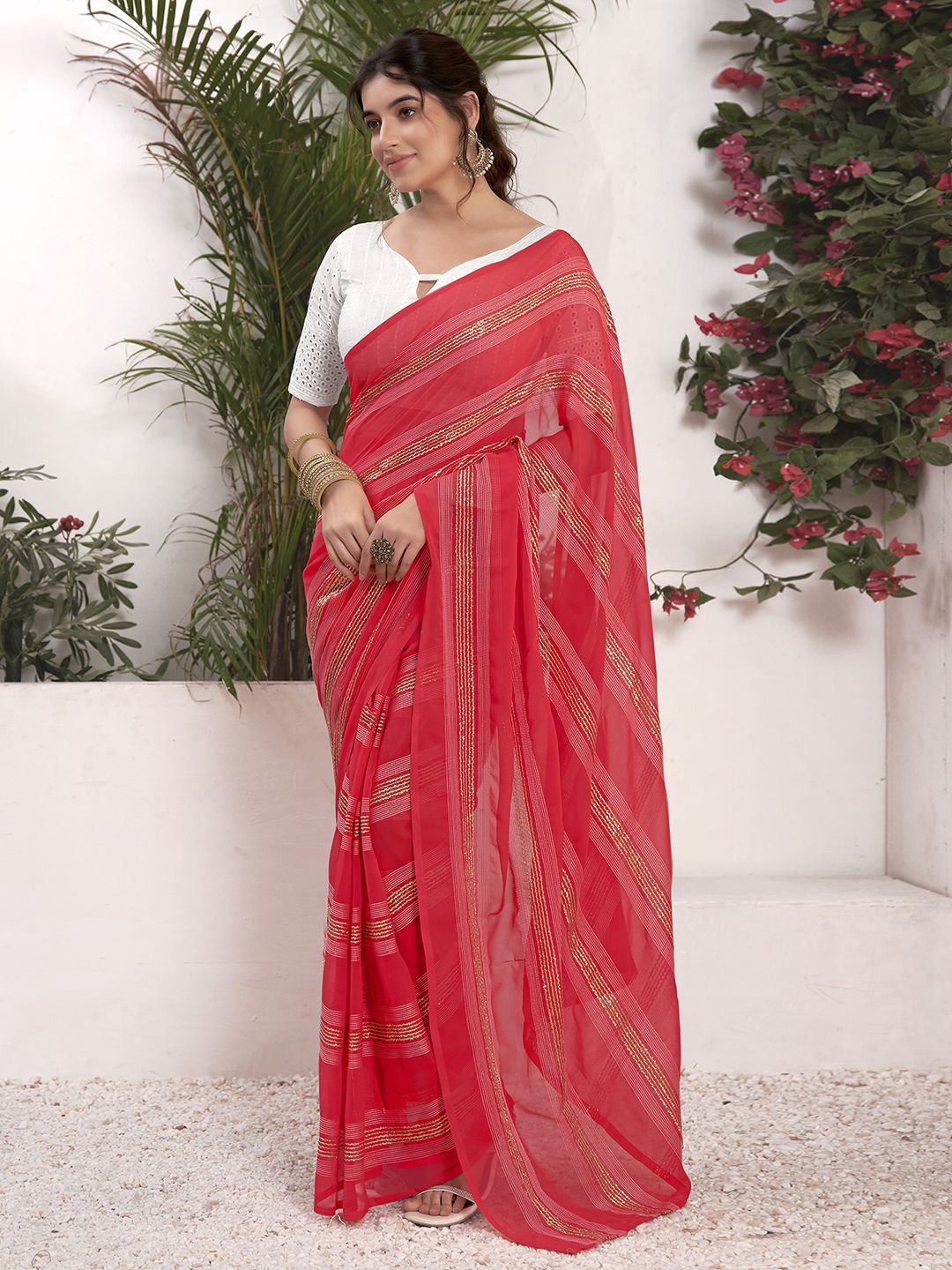 

Mitera Striped Zari Pure Georgette Ready to Wear Saree, Pink
