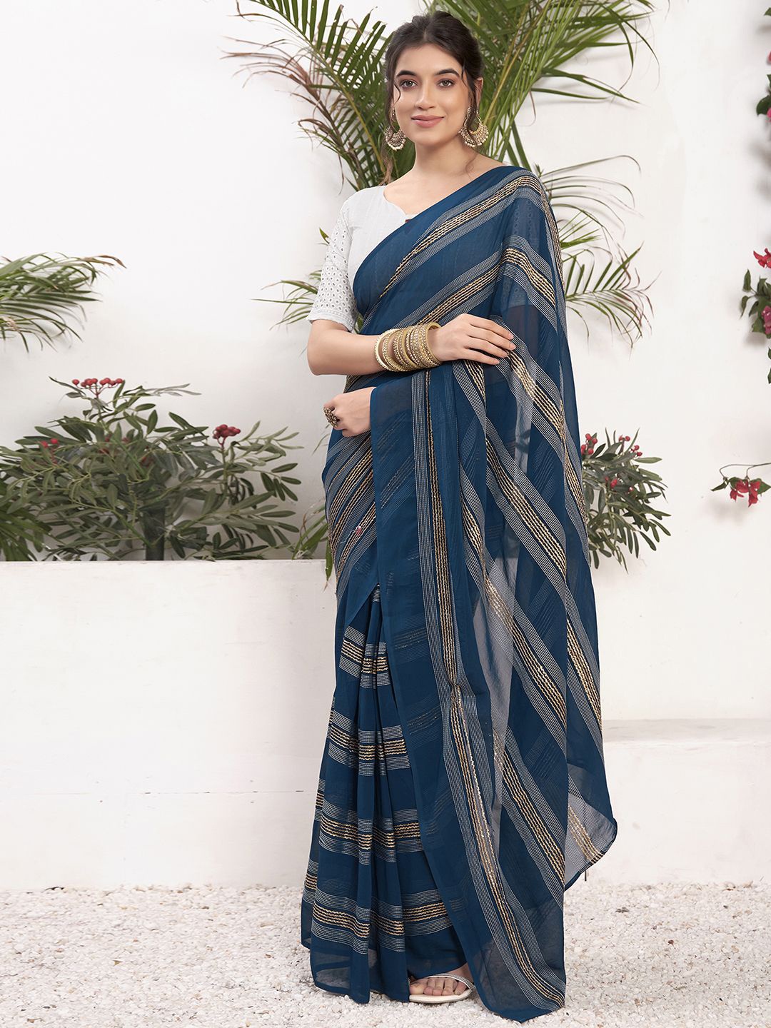 

Mitera Striped Zari Pure Georgette Ready to Wear Saree, Blue