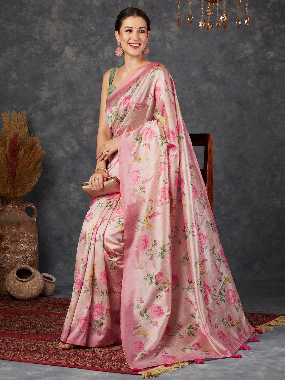 

Mitera Floral Print Tassel Saree, Peach