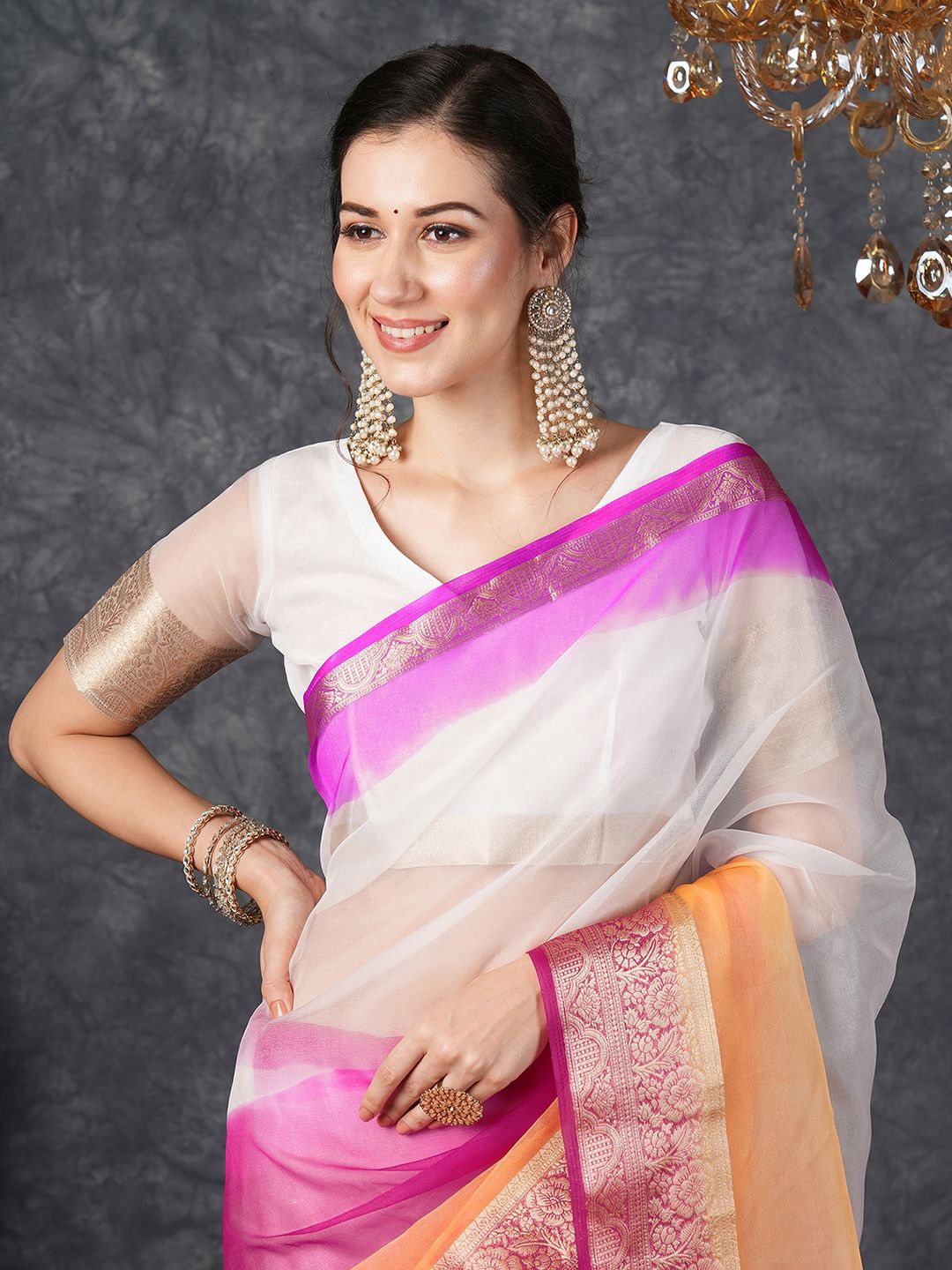 

Mitera Zari Woven Ombre Banarasi Saree, White