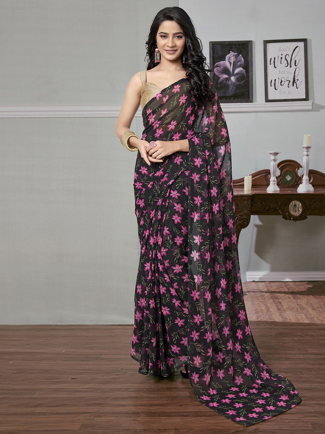 

Mitera Floral Pure Georgette Ready to Wear Saree, Black