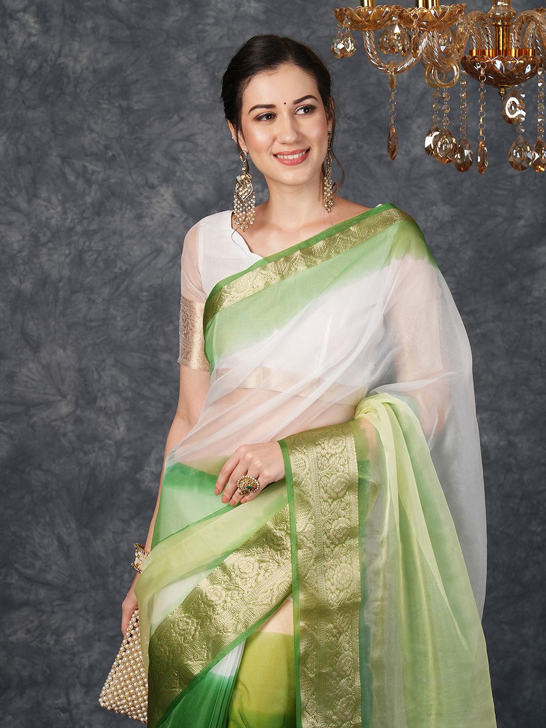 

Mitera Ombre Zari Organza Banarasi Saree, Green