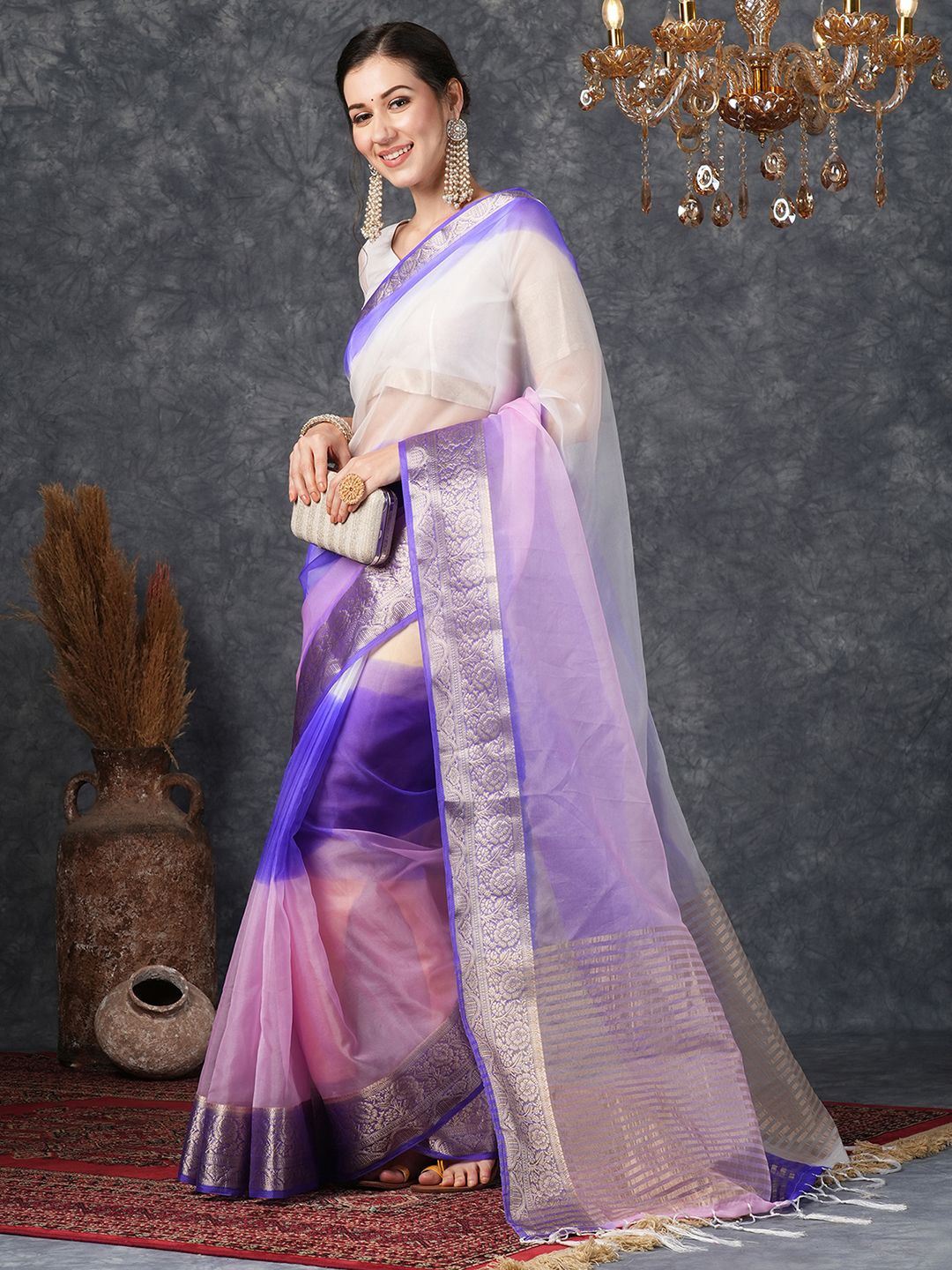 

Mitera Ombre Zari Organza Banarasi Saree, White